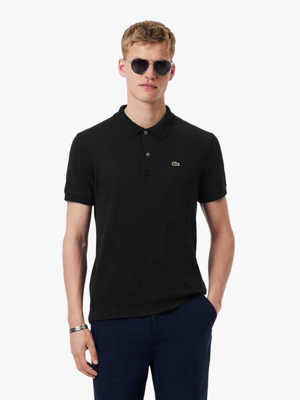Nwt Lacoste Men's Black Short-Sleeve Prima Cotton Polo with Green Crocodile Logo